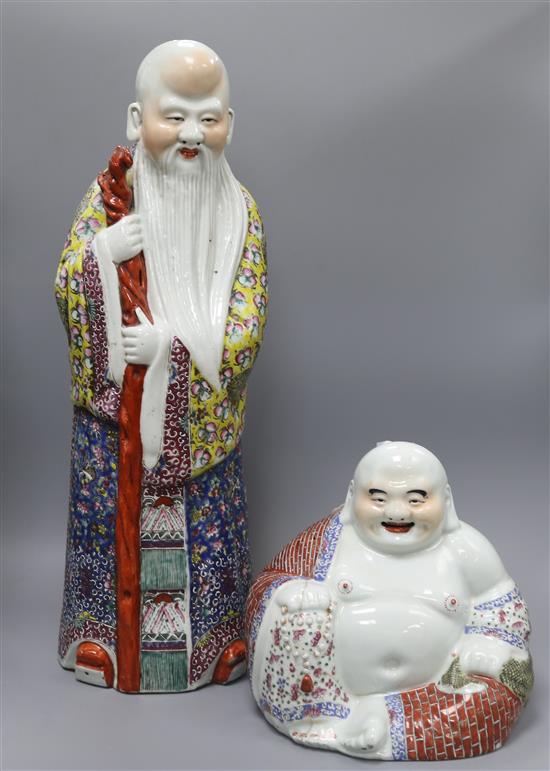 A large Chinese famille rose figure of Shou Lao and a similar figure of Budai tallest 61cm